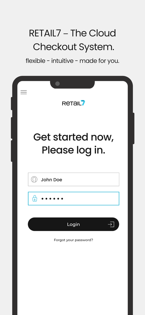 RETAIL7 POS system - Login screen of the RETAIL7 cloud checkout system on a mobile device