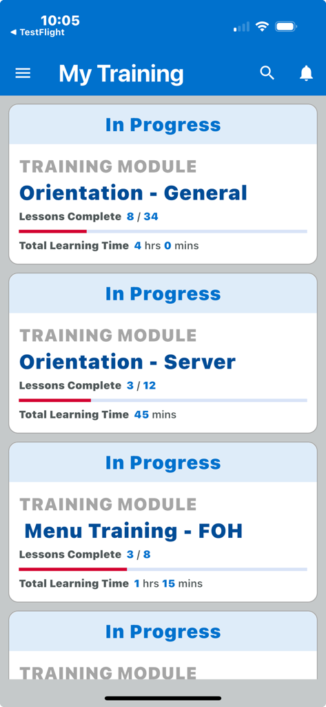 Dashboard of the RO Team App showing progress for restaurant staff training modules like orientation and menu training