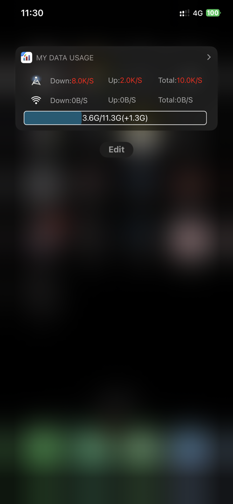 Interfaz de My Data Usage Widget Pro en iPhone mostrando velocidades de datos en tiempo real y cuota