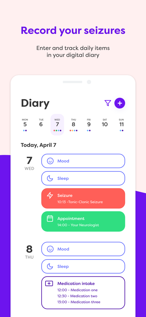 Helpilepsy - Helpilepsy app digital diary interface for recording seizures, mood, sleep, and appointments.