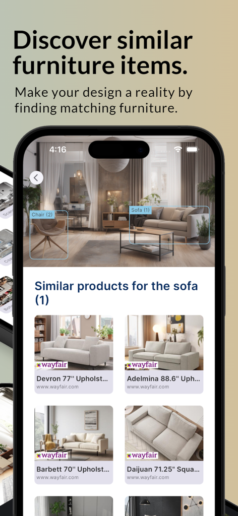 RoomGenius - RoomGenius mobile app interface showing similar furniture recommendations from Wayfair based on AI designs.