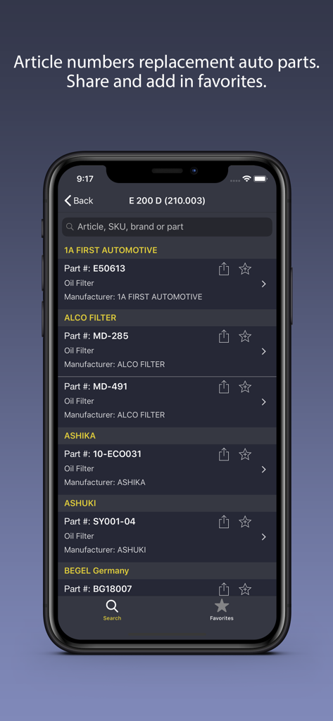 AutoParts for Mercedes Benz - Mobile app interface displaying replacement oil filter article numbers and brands for a Mercedes E 200 D model
