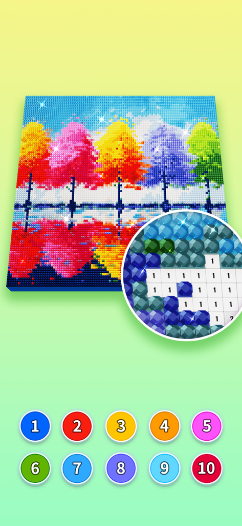 Diamond Painting by Number - A digital diamond painting of vibrant trees with a zoom view of the numbered gem grid