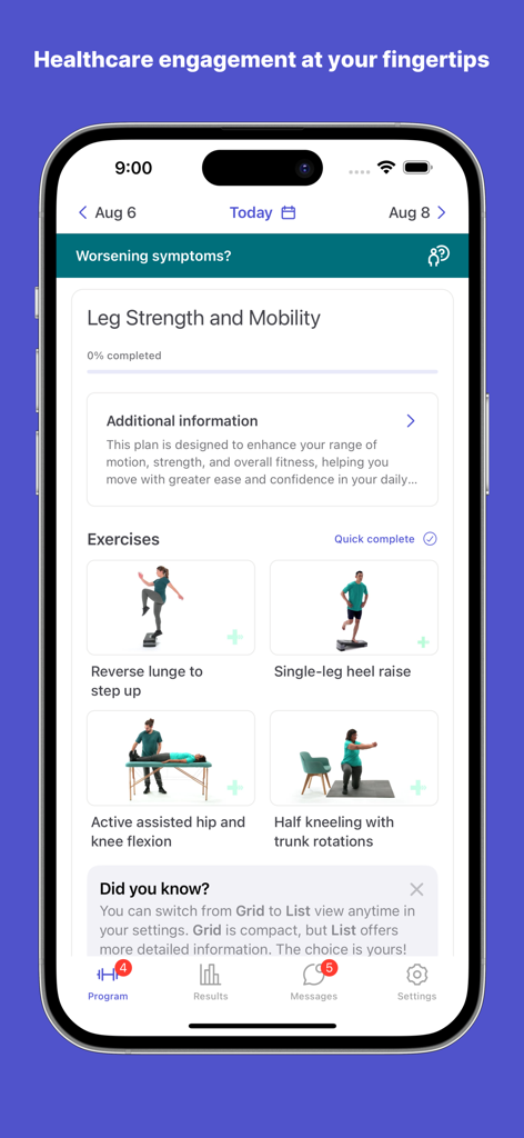 PhysiApp mobile interface showing a leg strength and mobility exercise program with instructional thumbnails.