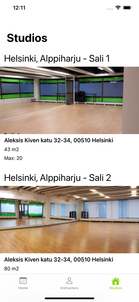 Dance Makers - Schermata degli studi dell'app Dance Makers che elenca gli spazi di ballo disponibili per l'affitto a Helsinki.