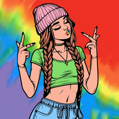 realistic teenage girl with braids and a beanie and crop top doing 🫶🏼