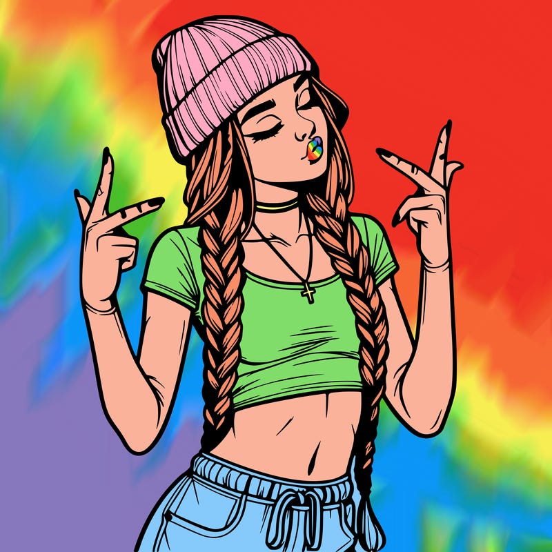 realistic teenage girl with braids and a beanie and crop top doing 🫶🏼