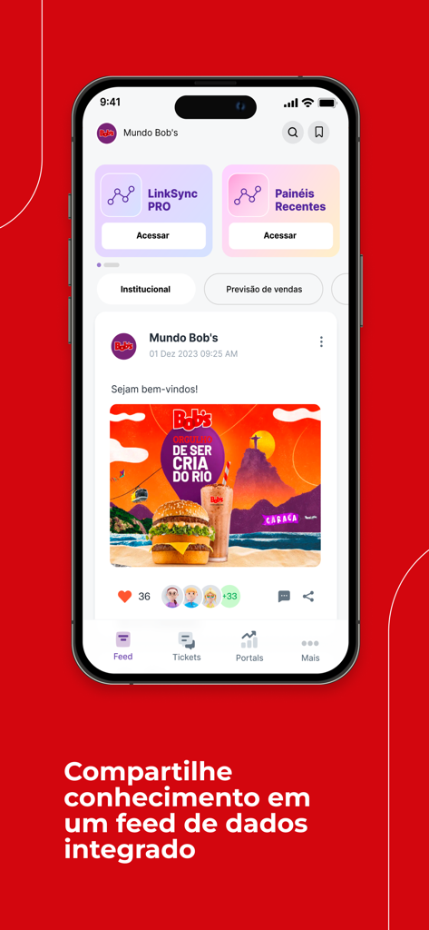 Mundo Bob's - Interfaz de aplicación móvil de Mundo Bob's mostrando un feed de datos de negocios integrado y paneles de gestión.