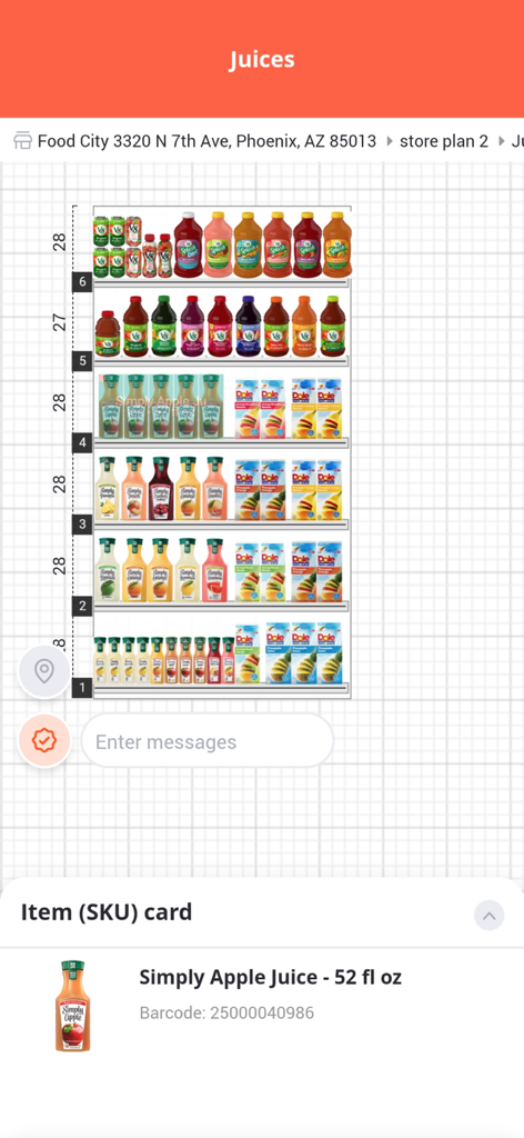 Digital planogram of a juice aisle showing product placement and SKU details in the ABM Shelf mobile application
