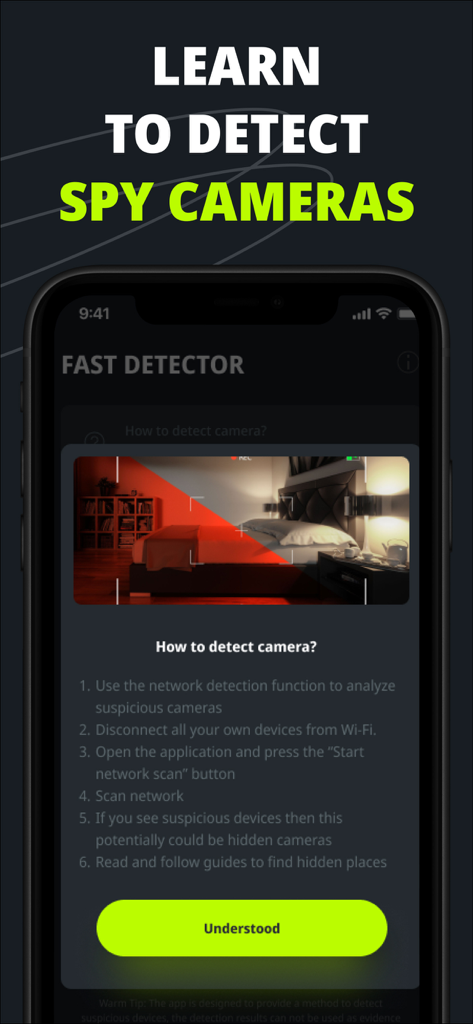 Interface d'application mobile montrant un guide sur la façon de détecter les caméras espion cachées dans une chambre