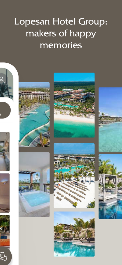 App de Lopesan Hotel Group mostrando un collage de piscinas de lujo y vistas a la playa del resort