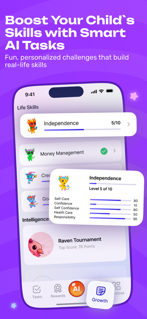 DragonFamily: Chores & Rewards - DragonFamily app screen displaying a child's life skills progress and AI tasks for building real-life habits