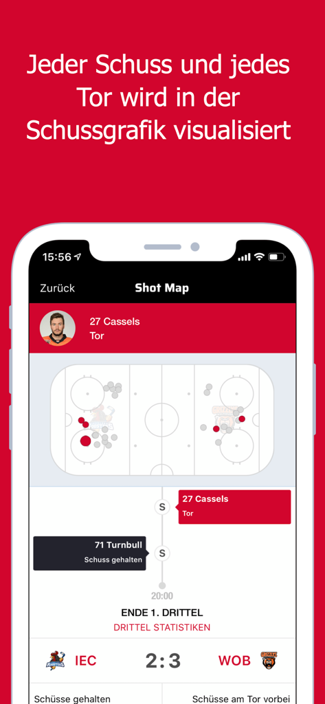 Deutsche Eishockey Liga - Mobile app interface displaying a visualized ice hockey shot map with live game statistics