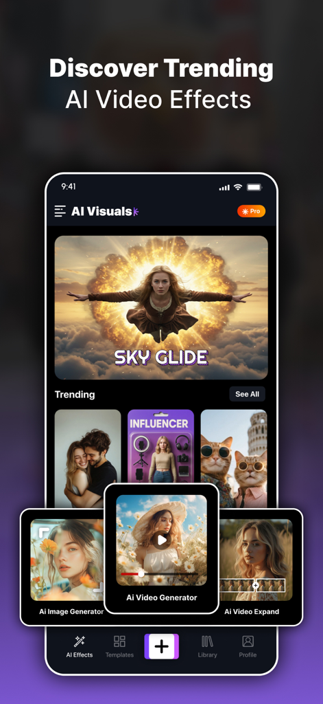 AI Video Generator - Visuals - AI Video Generator app interface displaying trending AI effects and creative video generation tools