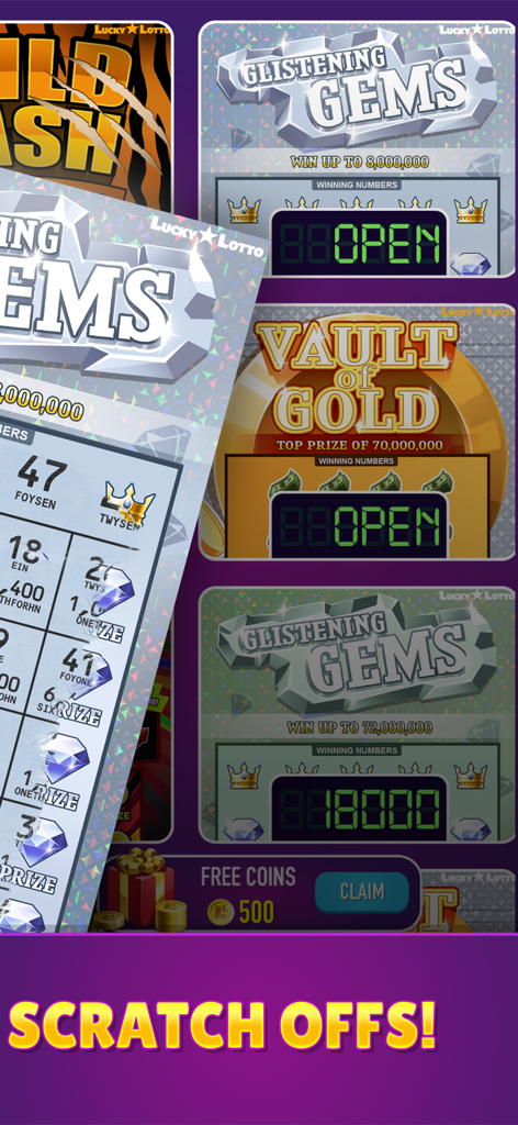 Lucky Lotto - Mega Scratch Off - A variety of colorful digital scratch off tickets including Glistening Gems and Vault of Gold themes in the Lucky Lotto app