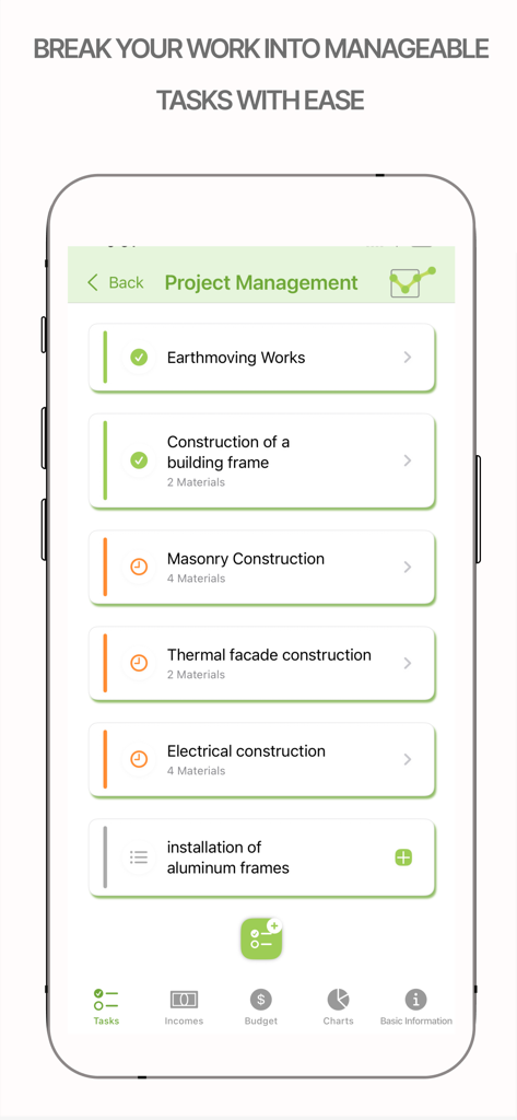 PlanoTrak - Construction App - Pantalla de la aplicación PlanoTrak que muestra una lista de tareas de proyectos de construcción, incluyendo albañilería y trabajos eléctricos