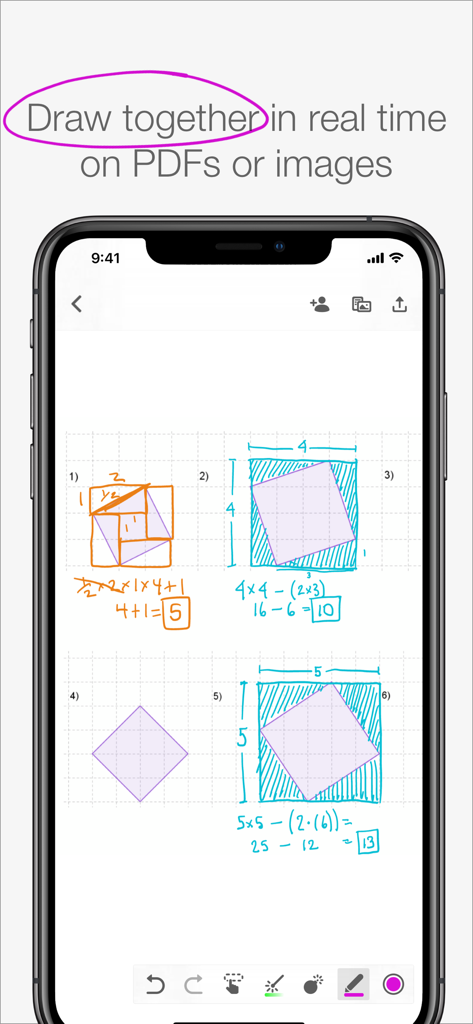 Scribble Together Whiteboard - Kollaborative Whiteboard-App zeigt handgezeichnete mathematische Berechnungen und Geometriediagramme auf einem Smartphone-Bildschirm