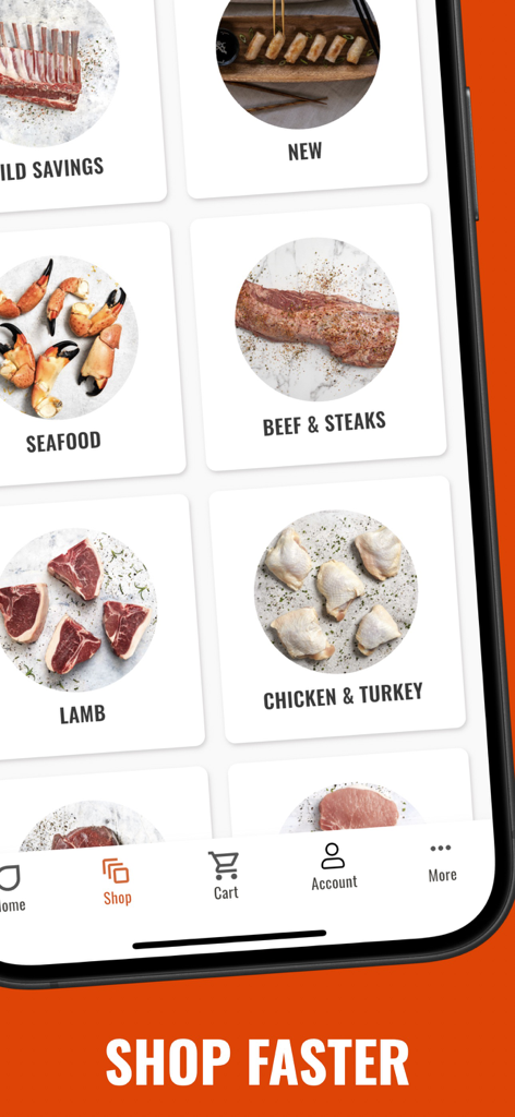 Wild Fork - Interface do aplicativo móvel Wild Fork mostrando categorias de frutos do mar, carne bovina, bifes, cordeiro e peru