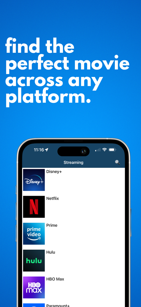 Movieguide® Movie & TV Reviews - Interface do aplicativo Movieguide mostrando uma lista de serviços de streaming como Disney Plus Netflix e Prime Video