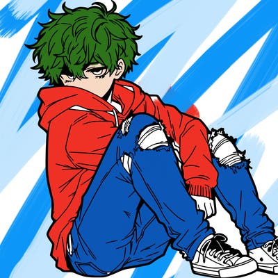 a male hoddie ripped jeans messy hair anime