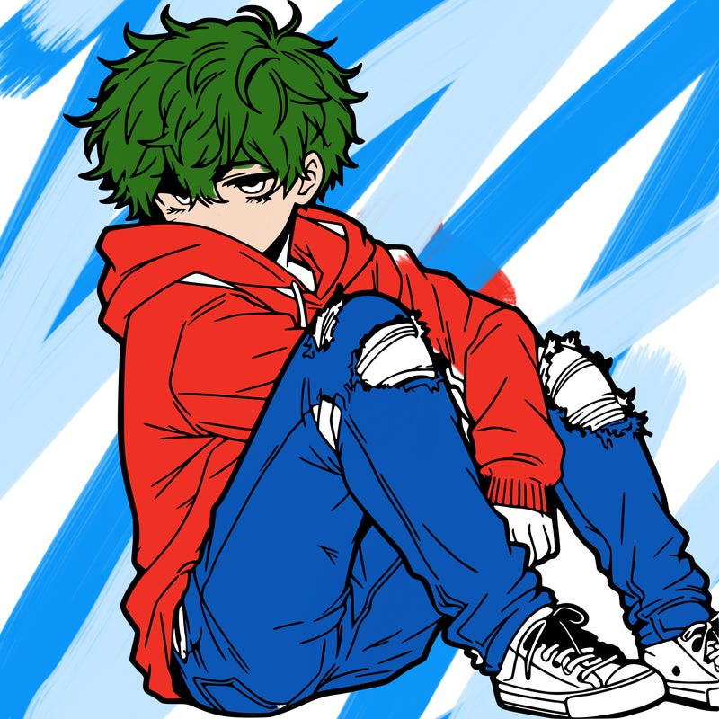 a male hoddie ripped jeans messy hair anime