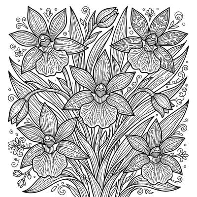 Discover the captivating beauty of Zygopetalum orchids with this intricately designed coloring template, perfect for teens seeking a detailed and engaging artistic challenge. Immerse yourself in lush botanical patterns and bring these exotic flowers to life with your unique color palette.