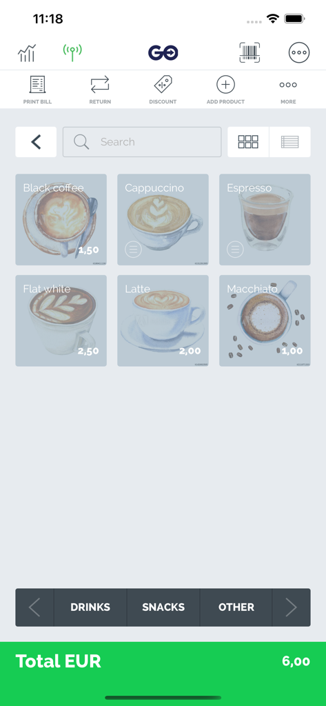 Una interfaz de menú digital para una cafetería en la aplicación Extenda GO TPV que muestra varias bebidas de café y un total de pago