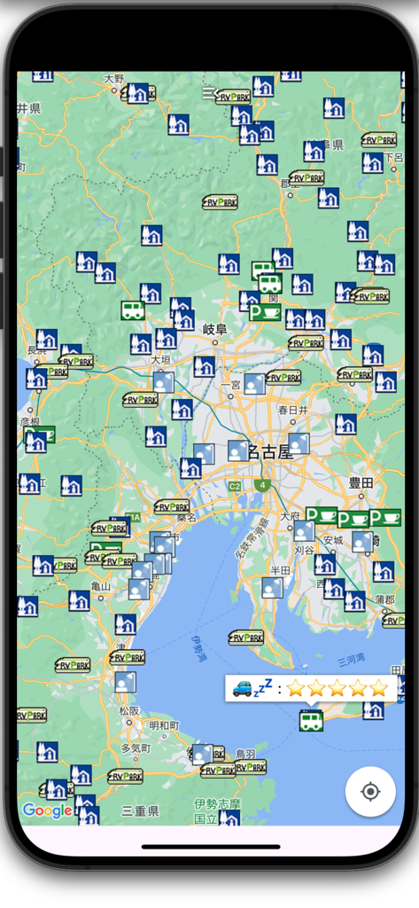 CarSleepingSpot - Map interface showing RV parks and shower facilities for car campers