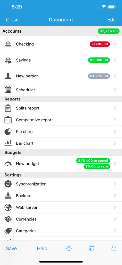 iCompta 6 - Dashboard of iCompta 6 app displaying accounts list financial reports and budget tracking