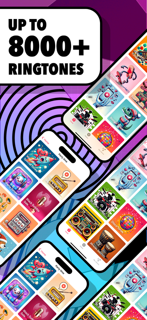 Interfaz de la aplicación Ringtone Maker mostrando una colección de más de 8000 tonos de llamada en múltiples categorías