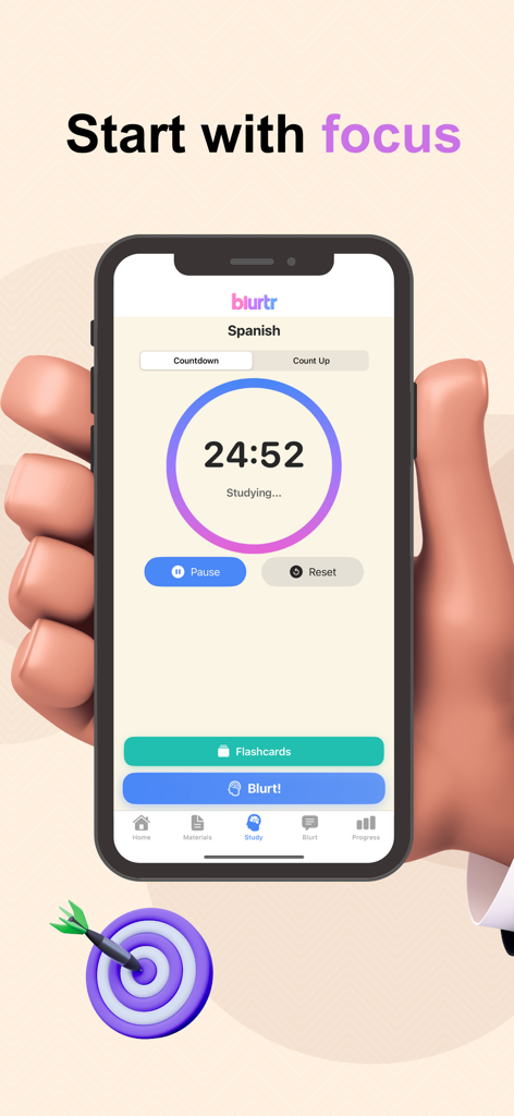 Blurtr: Study & Blurt - Blurtr app interface showing a focus timer for a Spanish study session with buttons for flashcards and blurting.