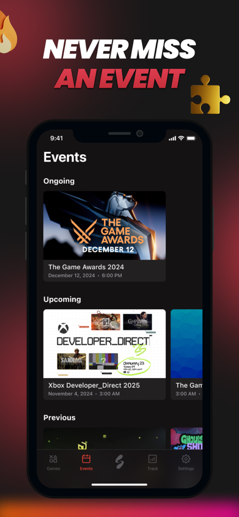 Scarleet Mode - Gamers Realm - Scarleet Mode app interface displaying a calendar of ongoing and upcoming gaming events like The Game Awards and Xbox Developer Direct