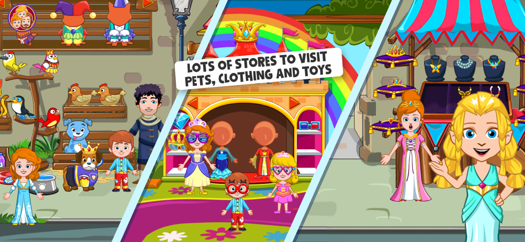 A digital dollhouse screenshot showing a pet store, clothing shop, and jewelry stall with various princess characters.