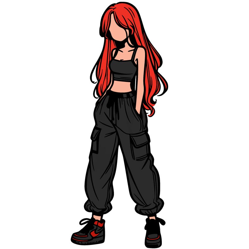 girl in baggy pants crop top and long hair