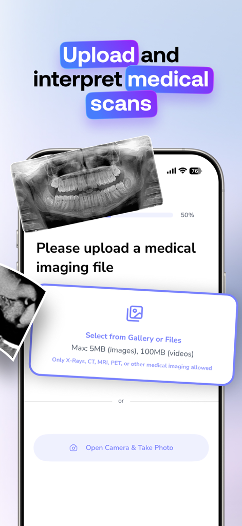AI Doctor & Radiology-Med Scan - MedScan AI app interface showing options to upload medical imaging files for interpretation