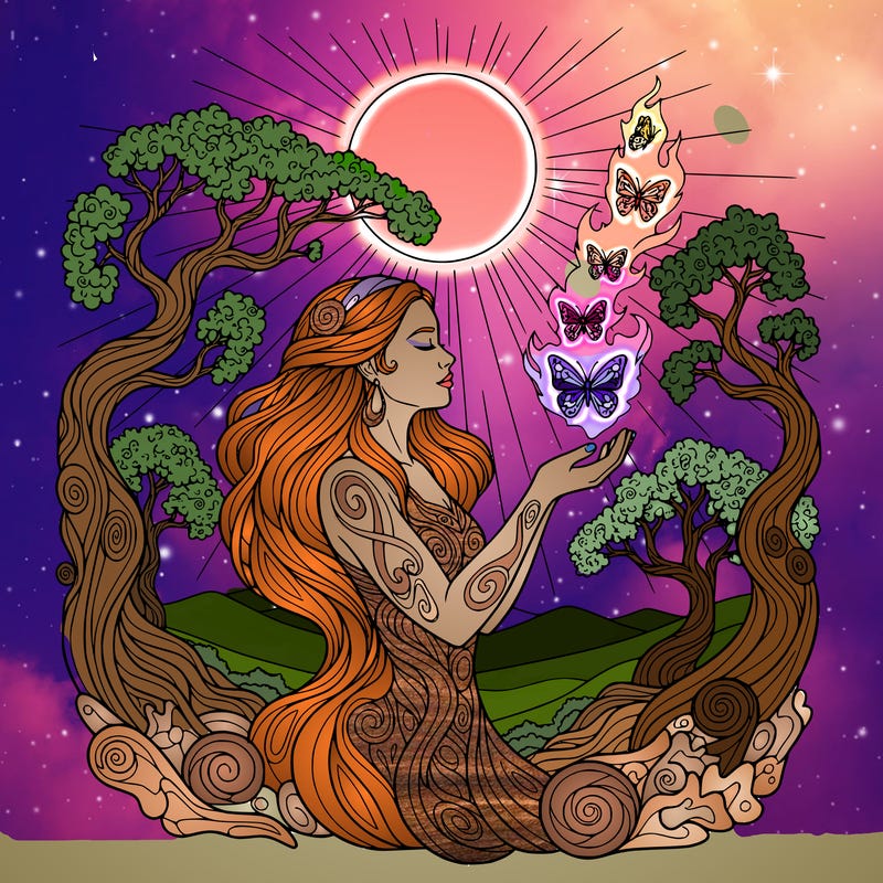 a woman releasing glowing butterflies from her hands under a moonlit sky, detailed line art, symbolic healing. trees, hills, other detail