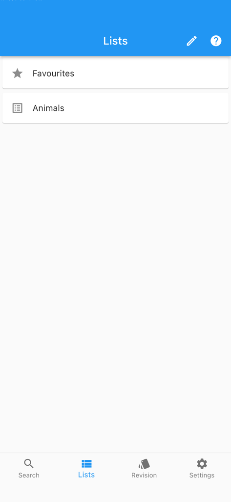 Interface of the Auslan Dictionary app showing the custom vocabulary lists screen with categories for favorites and animals