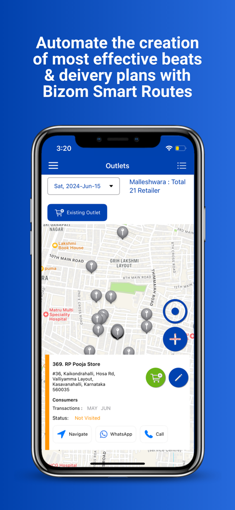 Bizom Next - Bizom Next app interface showing a map with retail outlet locations for automated route planning