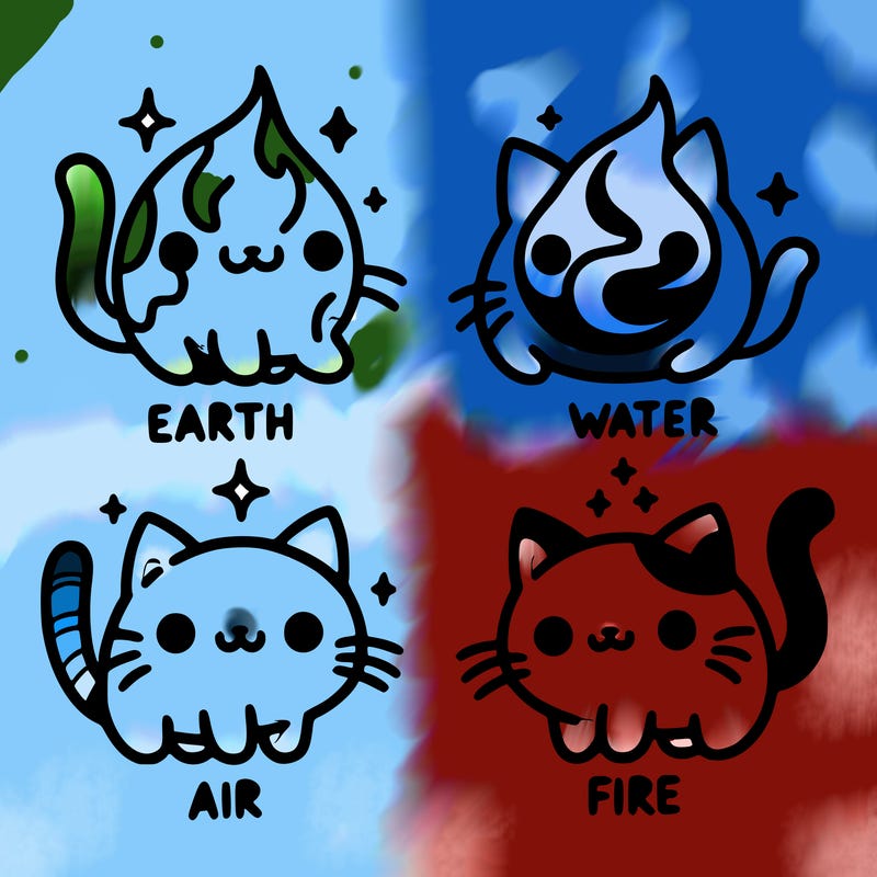 4 cats that represent the different elements, earth, water, air, and fire