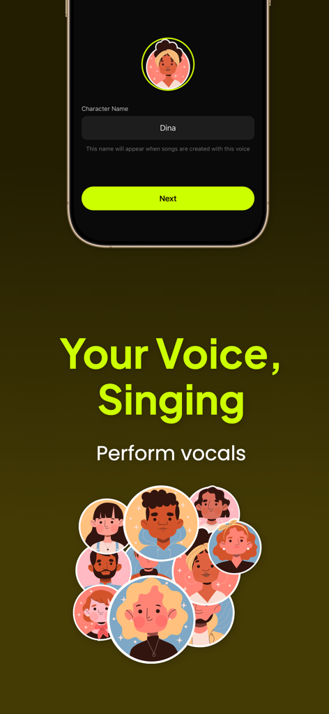 Moniq - Interfaz de la app Moniq para configurar una voz de canto personalizada con IA, nombrando el personaje y avatares diversos
