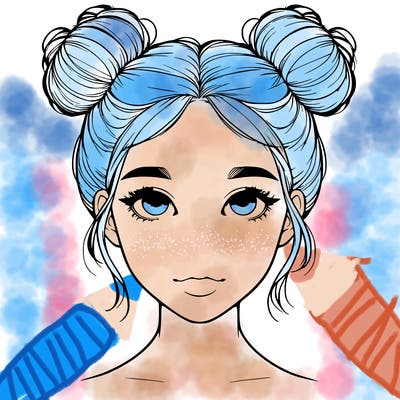 realistic girl with two buns on top of her head