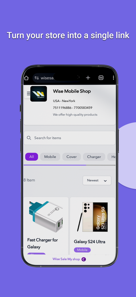 Pos System : Wise Sale - Smartphone zeigt einen mobilfreundlichen Online-Shop, der mit der Wise Sale POS-App erstellt wurde