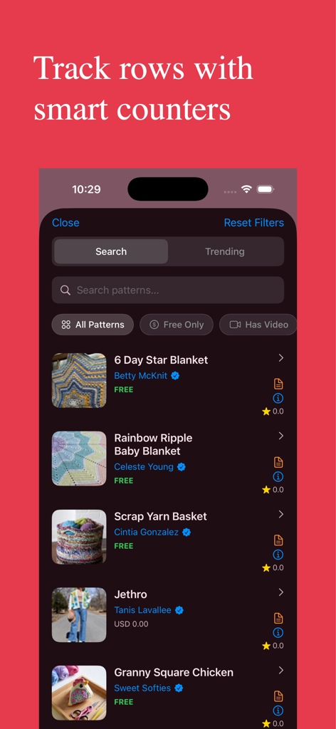 Crochet AI - Screenshot of Crochet AI app showing a searchable library of crochet patterns including blankets and baskets