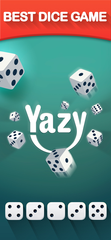 Yazy yatzy dice game - La pantalla principal del juego de dados Yazy yatzy mostrando dados blancos rodando y el título MEJOR JUEGO DE DADOS sobre un fondo turquesa.