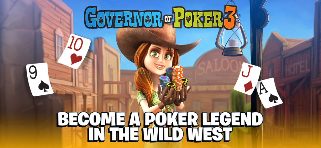 Governor of Poker 3 - Holdem - Un personnage féminin tenant des jetons de poker dans une ville du Far West pour Governor of Poker 3