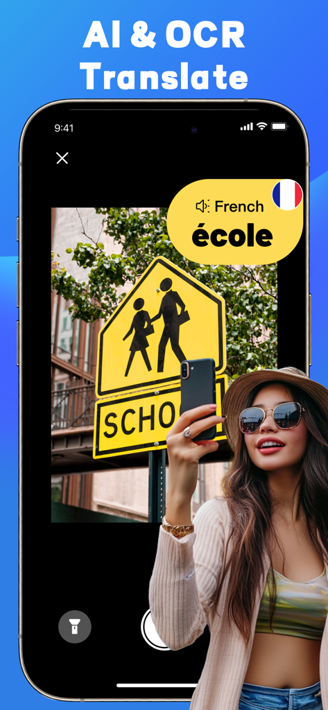 Easy Translate app camera feature translating a street sign from English to French