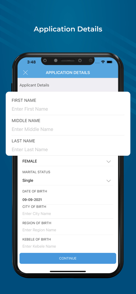 Digital Invea - Tela do aplicativo móvel mostrando o formulário de detalhes da aplicação para informações pessoais no aplicativo Digital Invea