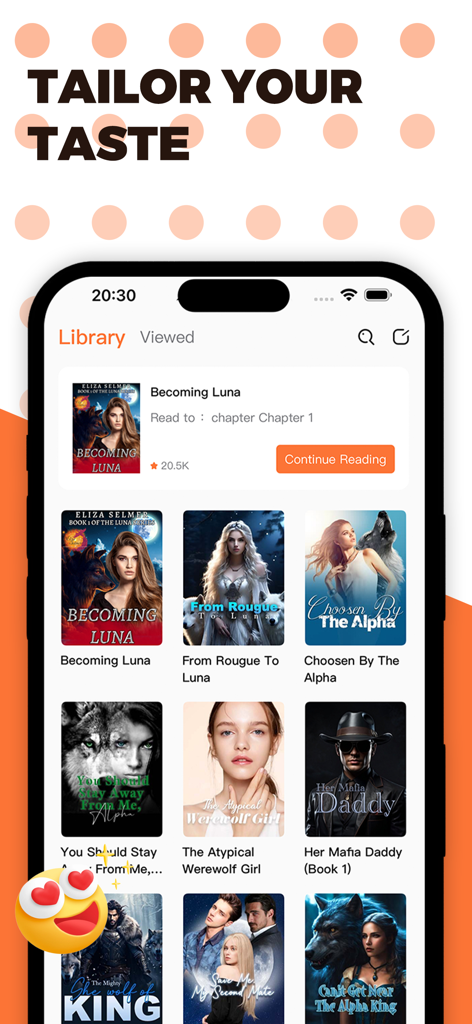 Novelix - Novelixアプリのライブラリ画面。スローガン「Tailor Your Taste」の下に、さまざまなロマンスと狼男のブックカバーが表示されています。