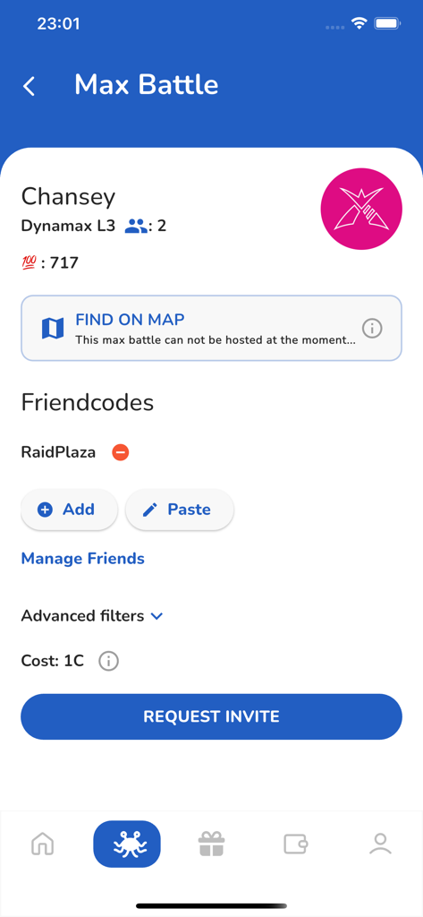Pantalla de la aplicación Raid Plaza para solicitar una invitación a una incursión remota para una batalla Max de Chansey