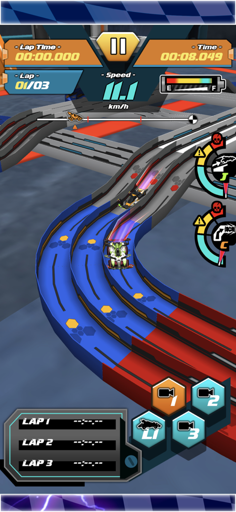 Gameplay screenshot of Mini Legend 4WD Racing Sim showing custom cars on a track with racing HUD